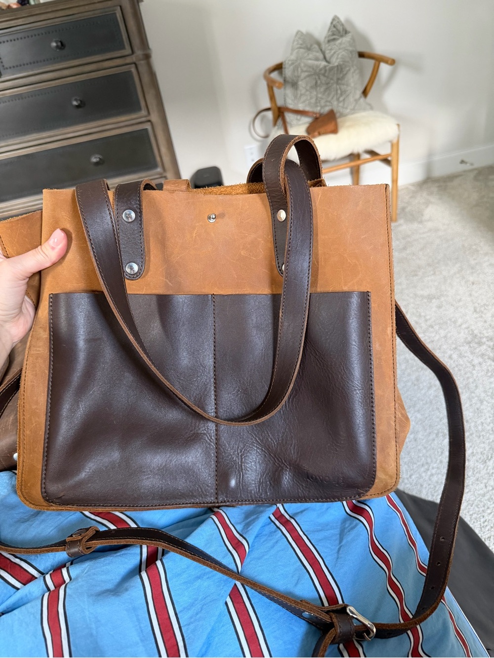 Two-Tone Brown Leather Messenger Tote